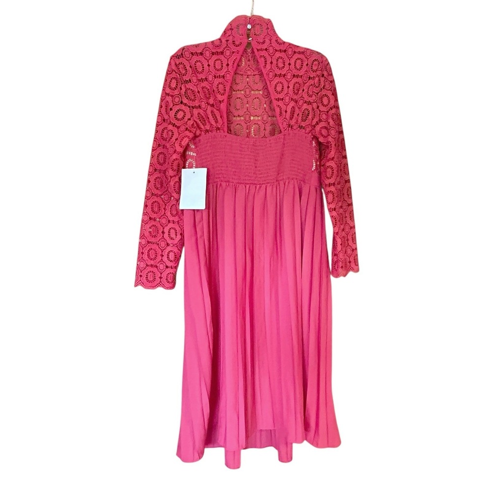 Little Mistress Maternity Dress NWT Size 10 Pleated Midi Lace Coral Pink - Picture 2 of 9